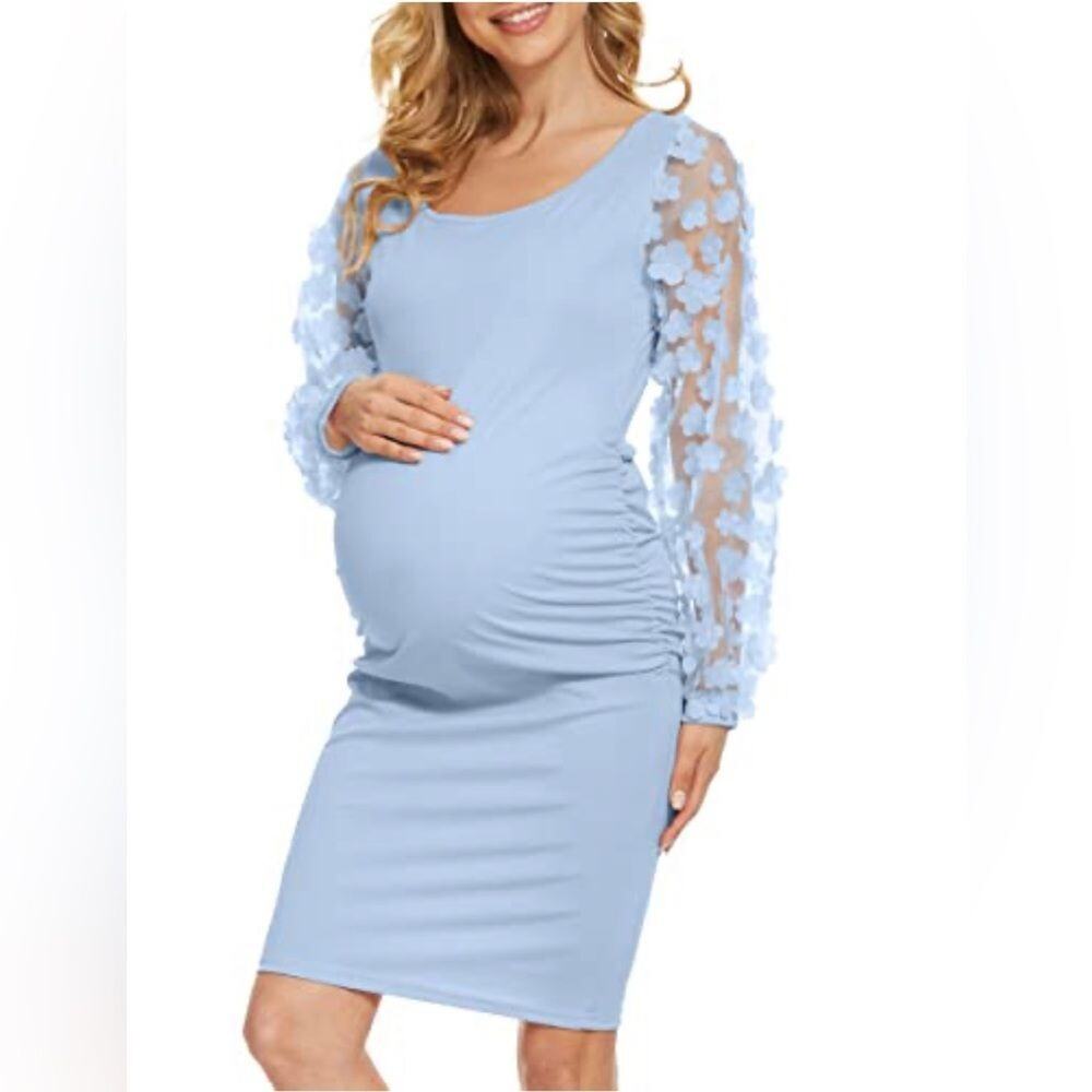 Floral Puff Sleeve MIDI Maternity dress XL Powder Blue